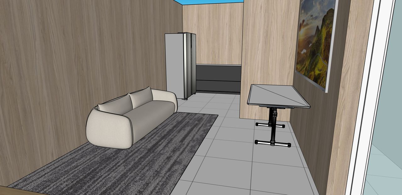 Sofa, meja lipat, dan TV
